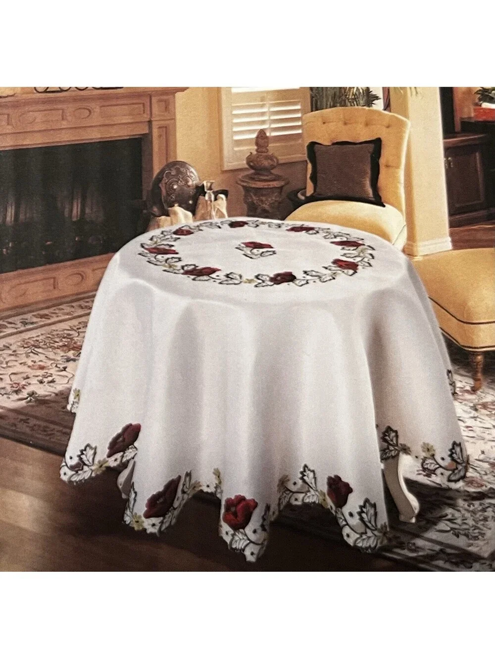 New Editex Kalanit red yellow green white embroidered 60” round tablecloth